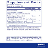 Supplement Facts for Pure Encapsulations Resveratrol Extra 120 Caps, showing ingredients and amounts per serving.