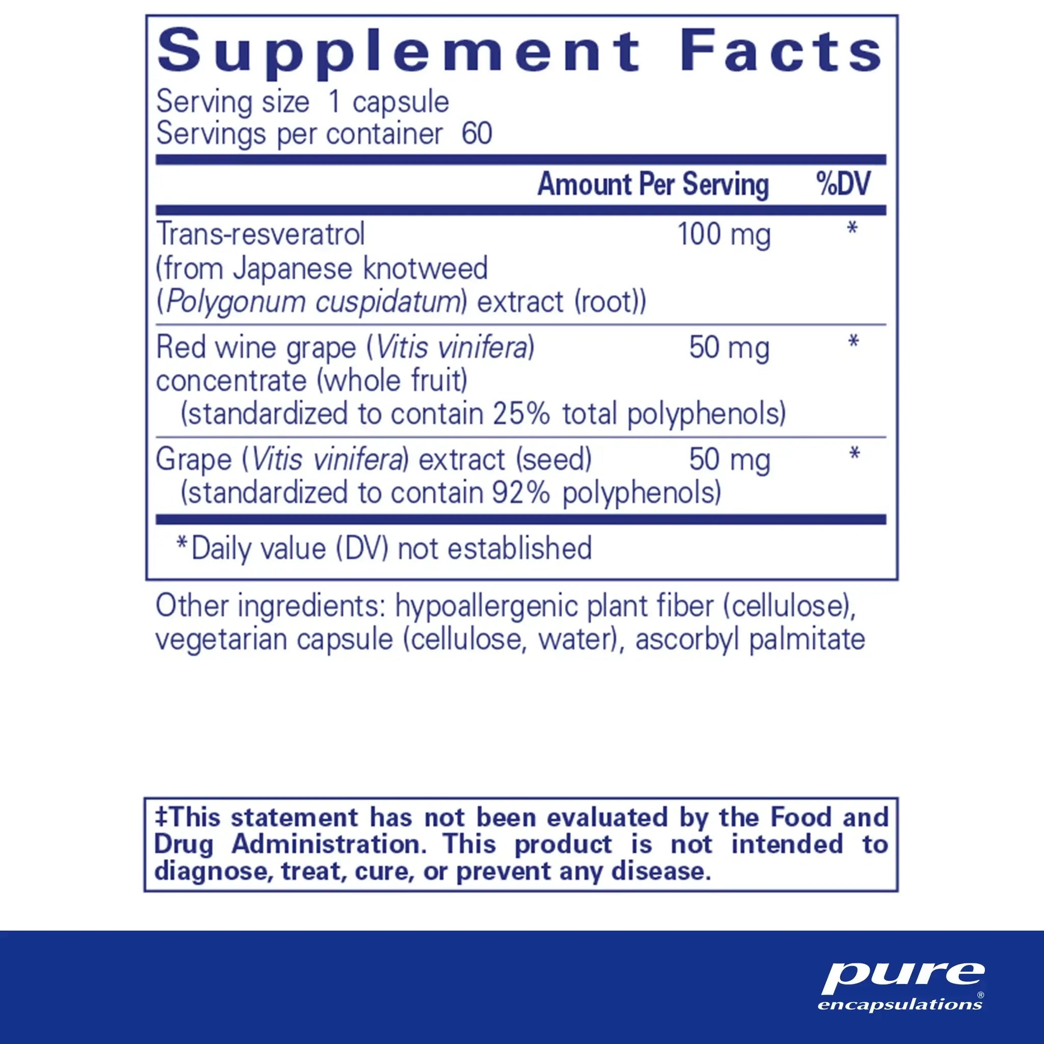 Supplement Facts for Pure Encapsulations Resveratrol Extra 120 Caps, showing ingredients and amounts per serving.