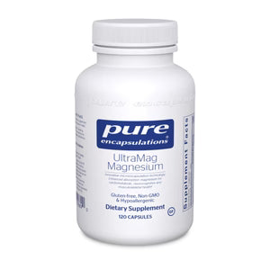Supplement bottle labeled 'pure encapsulations UltraMag Magnesium' on a white background
