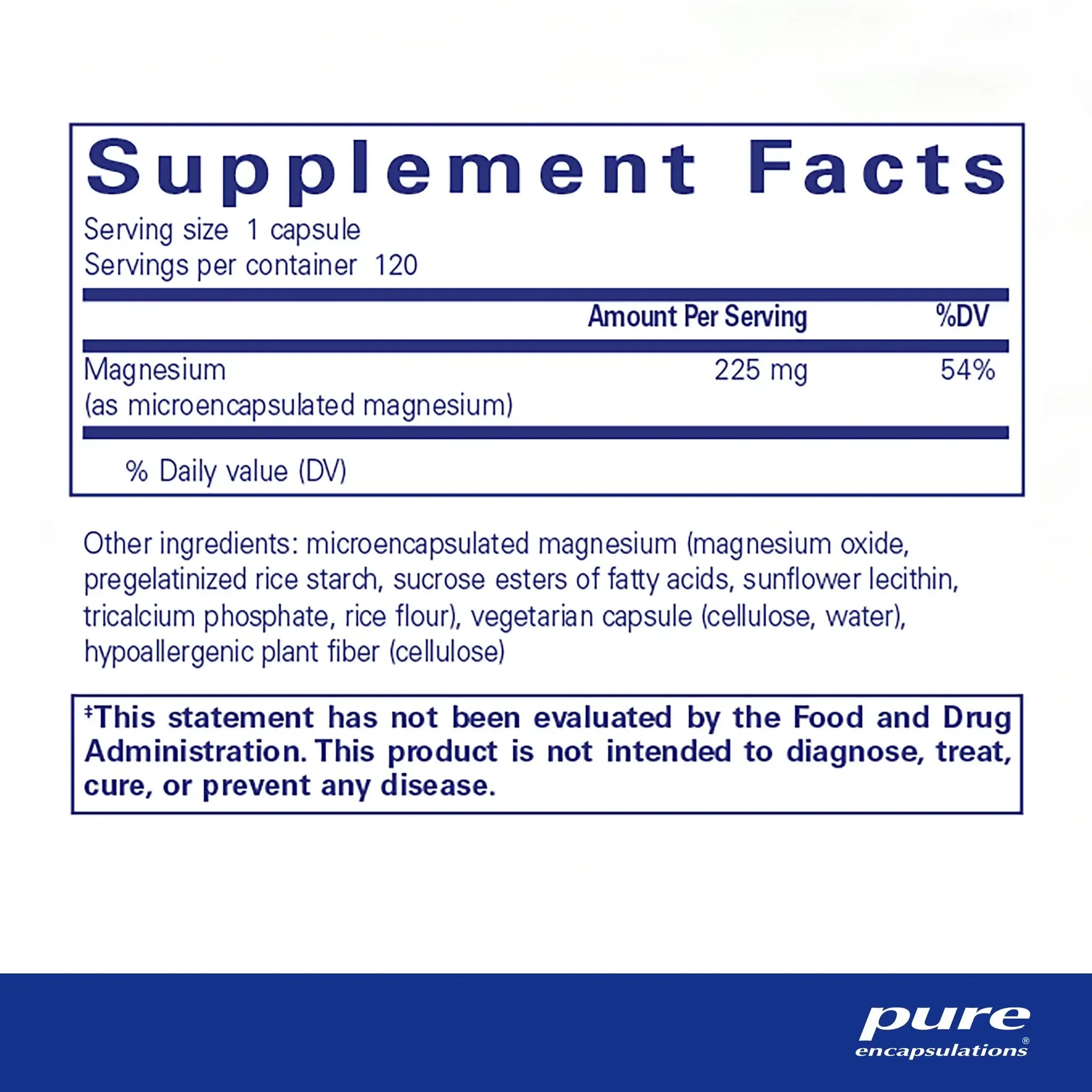 Supplement Facts for Pure Encapsulations UltraMag Magnesium 120 Caps, showing magnesium and other ingredients.
