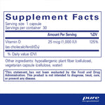 Supplement facts for Pure Encapsulations Vitamin D3 25mcg 60 Caps including dosage and ingredients.