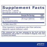 Supplement facts for Pure Encapsulations Vitamin D3 25mcg 60 Caps including dosage and ingredients.