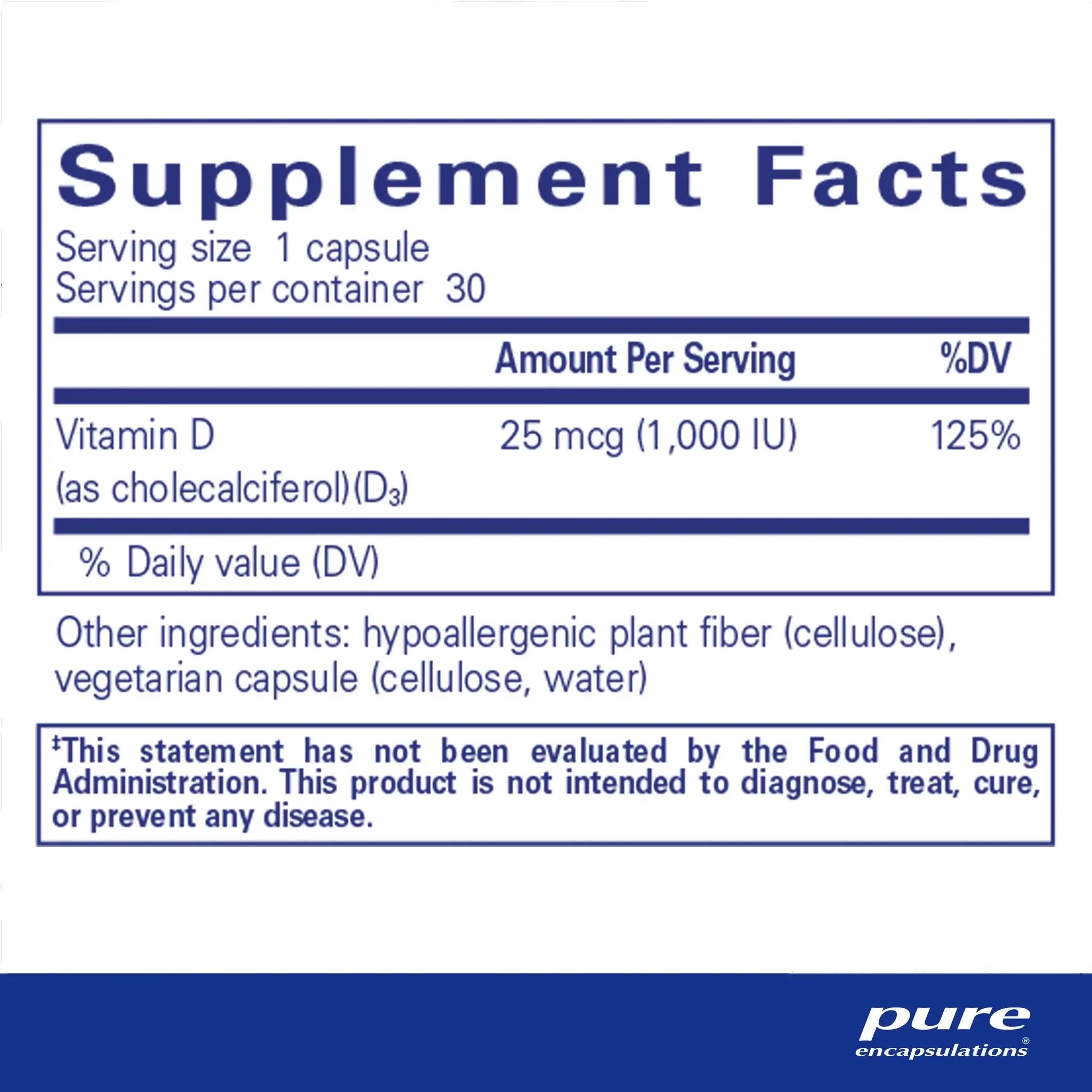 Supplement facts for Pure Encapsulations Vitamin D3 25mcg 60 Caps including dosage and ingredients.