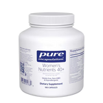 White supplement container labeled 'pure encapsulations Women's Nutrients 40+' on a white background
