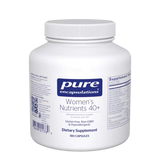 White supplement container labeled 'pure encapsulations Women's Nutrients 40+' on a white background