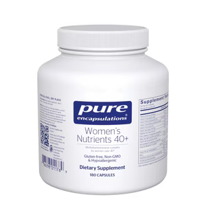 White supplement container labeled 'pure encapsulations Women's Nutrients 40+' on a white background