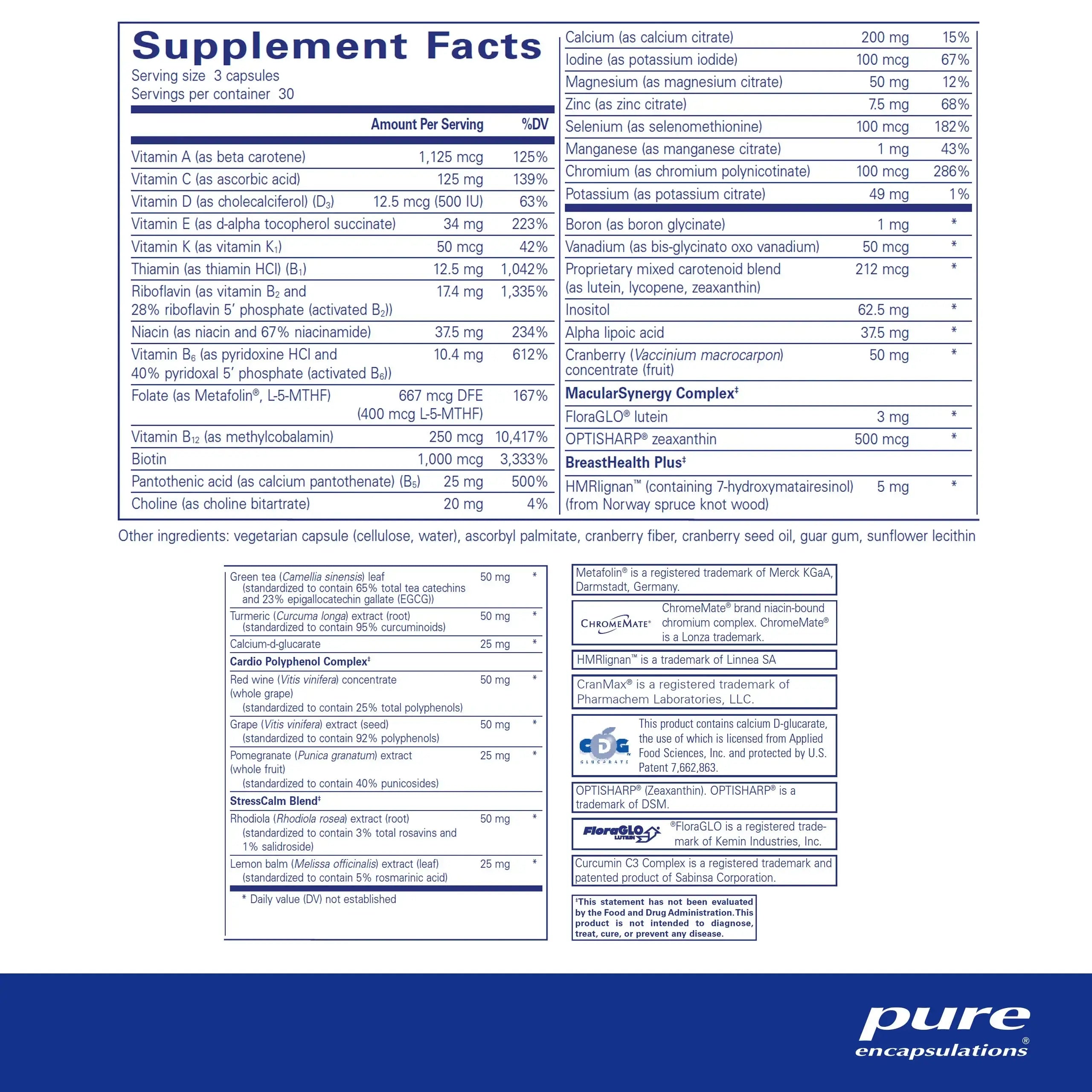 Pure Encapsulations Women's Nutrients 40+ 180 Caps supplement facts nutrition label for women over 40