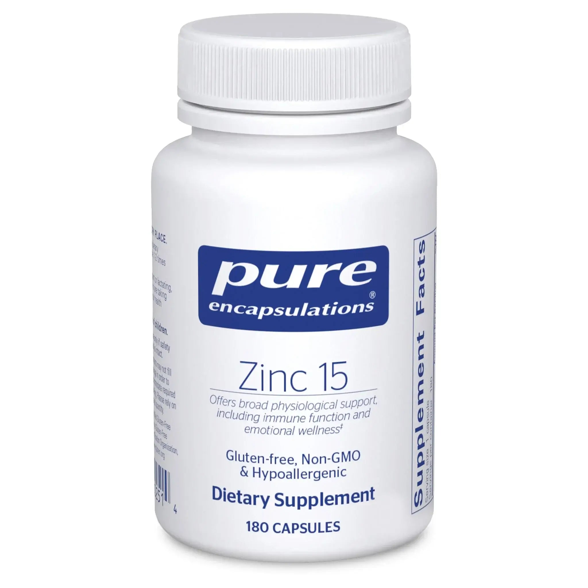 Pure Encapsulations Zinc 15 180 Caps dietary supplement bottle for immune and everyday wellness support.