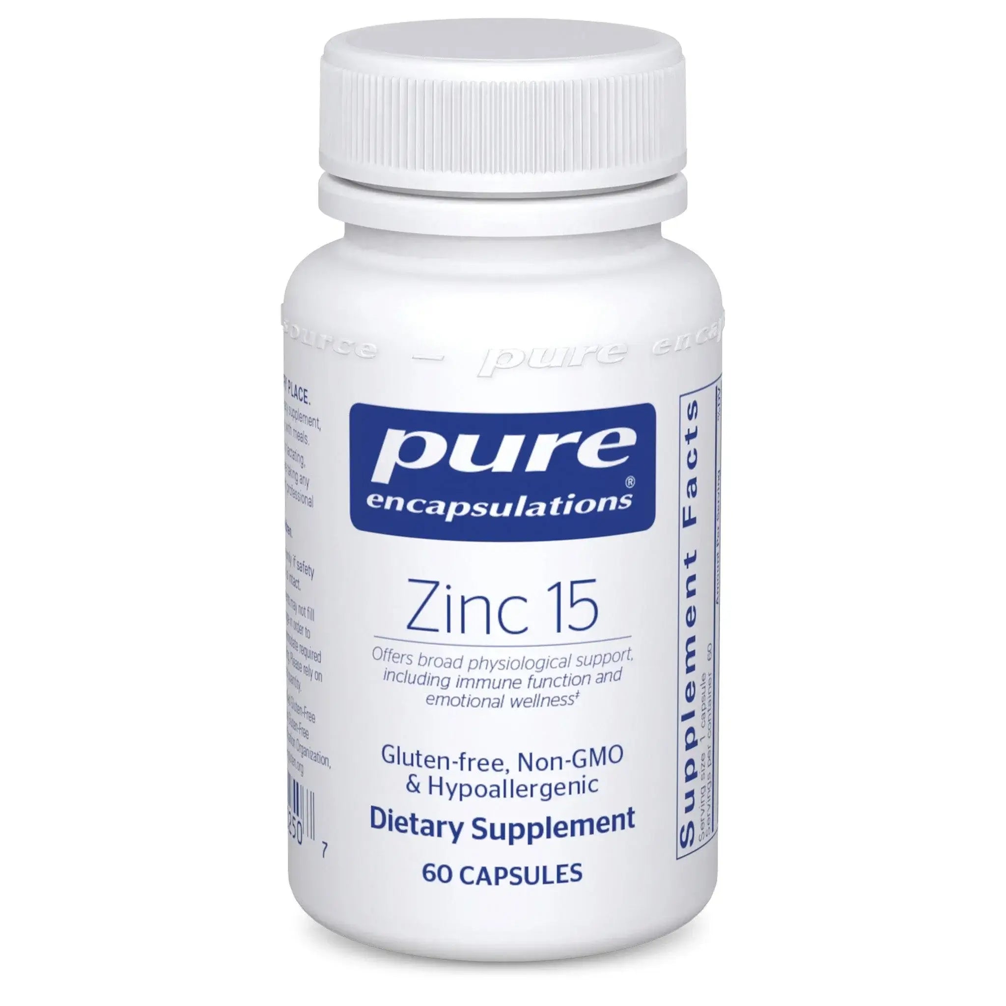 Pure Encapsulations Zinc 15 60 Caps dietary supplement bottle for immune health support.