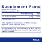 Supplement Facts for Pure Encapsulations Zinc 15 60 Caps, showing zinc content and other ingredients.