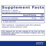 Supplement Facts for Pure Encapsulations Zinc 15 60 Caps, showing zinc content and other ingredients.
