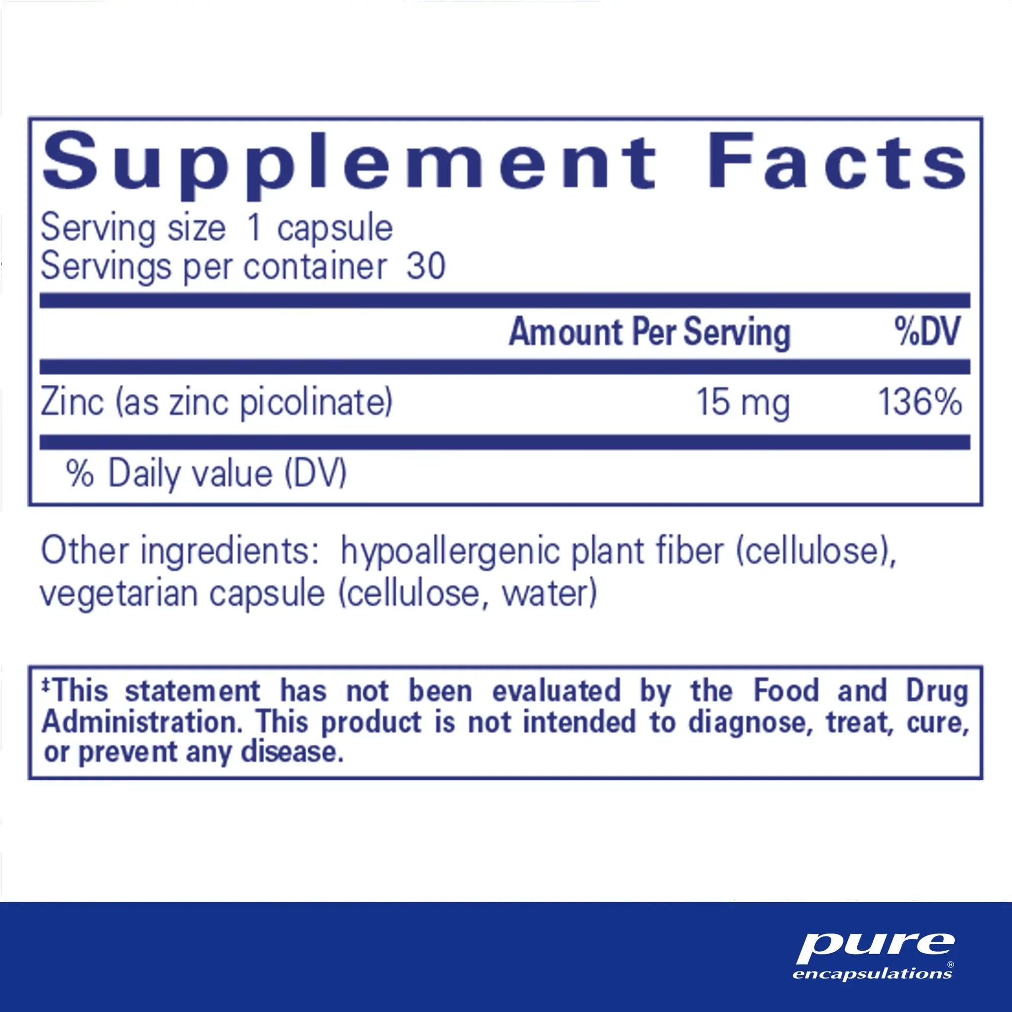 Supplement Facts for Pure Encapsulations Zinc 15 60 Caps, showing zinc content and other ingredients.