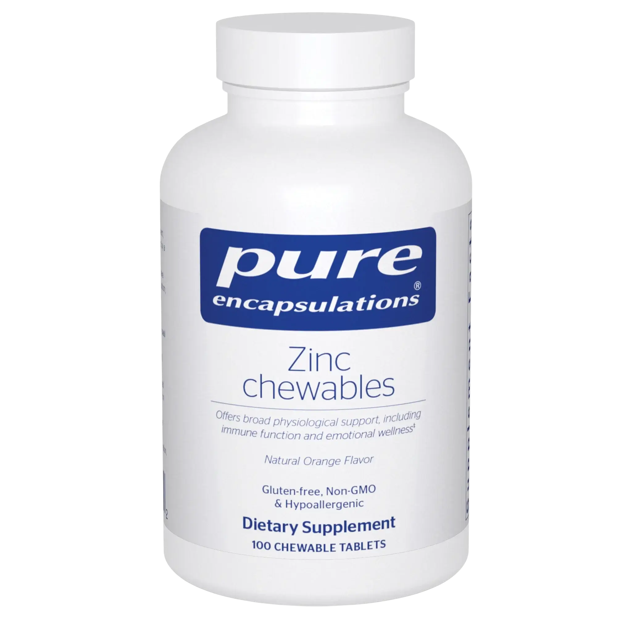 Pure Encapsulations Zinc Chewables Natural Orange 100 Tabs bottle showing immune support and dietary supplement details.