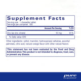 Supplement facts for Pure Encapsulations Zinc Chewables Natural Orange 100 Tabs, including zinc citrate information.