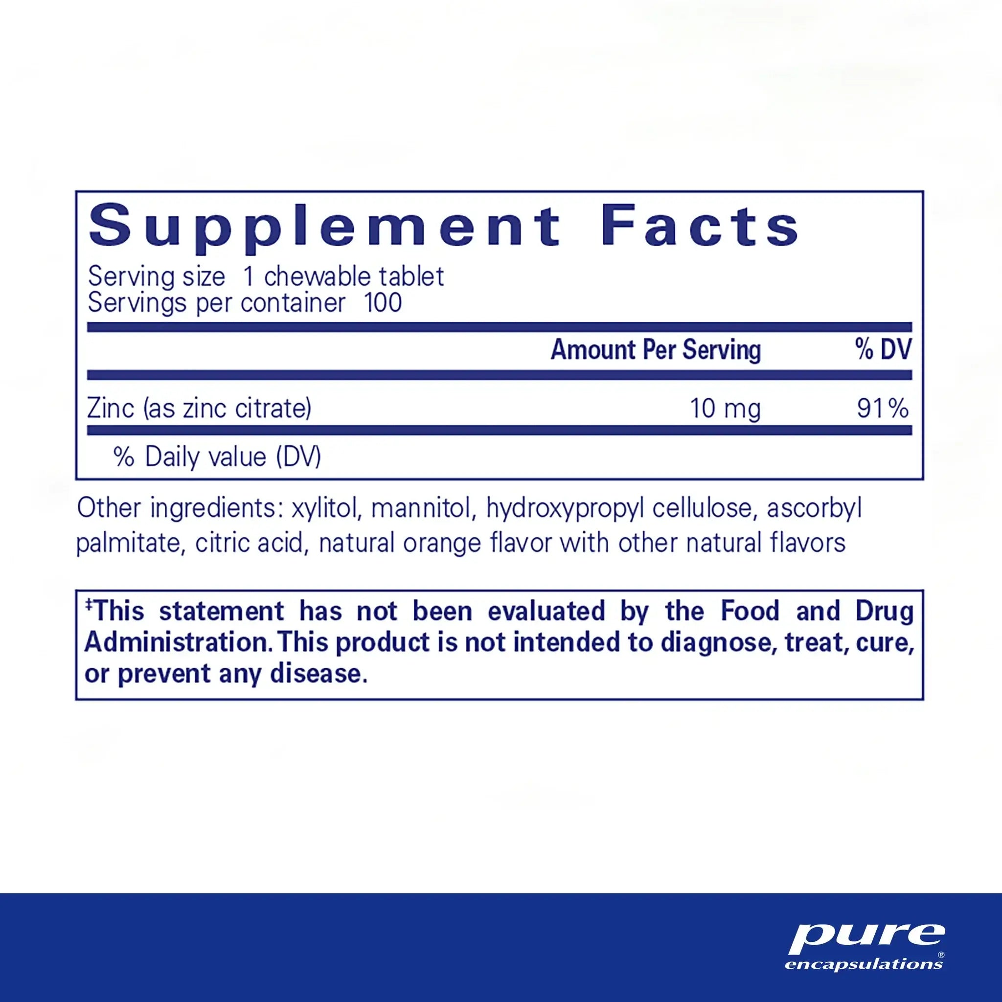 Supplement facts for Pure Encapsulations Zinc Chewables Natural Orange 100 Tabs, including zinc citrate information.