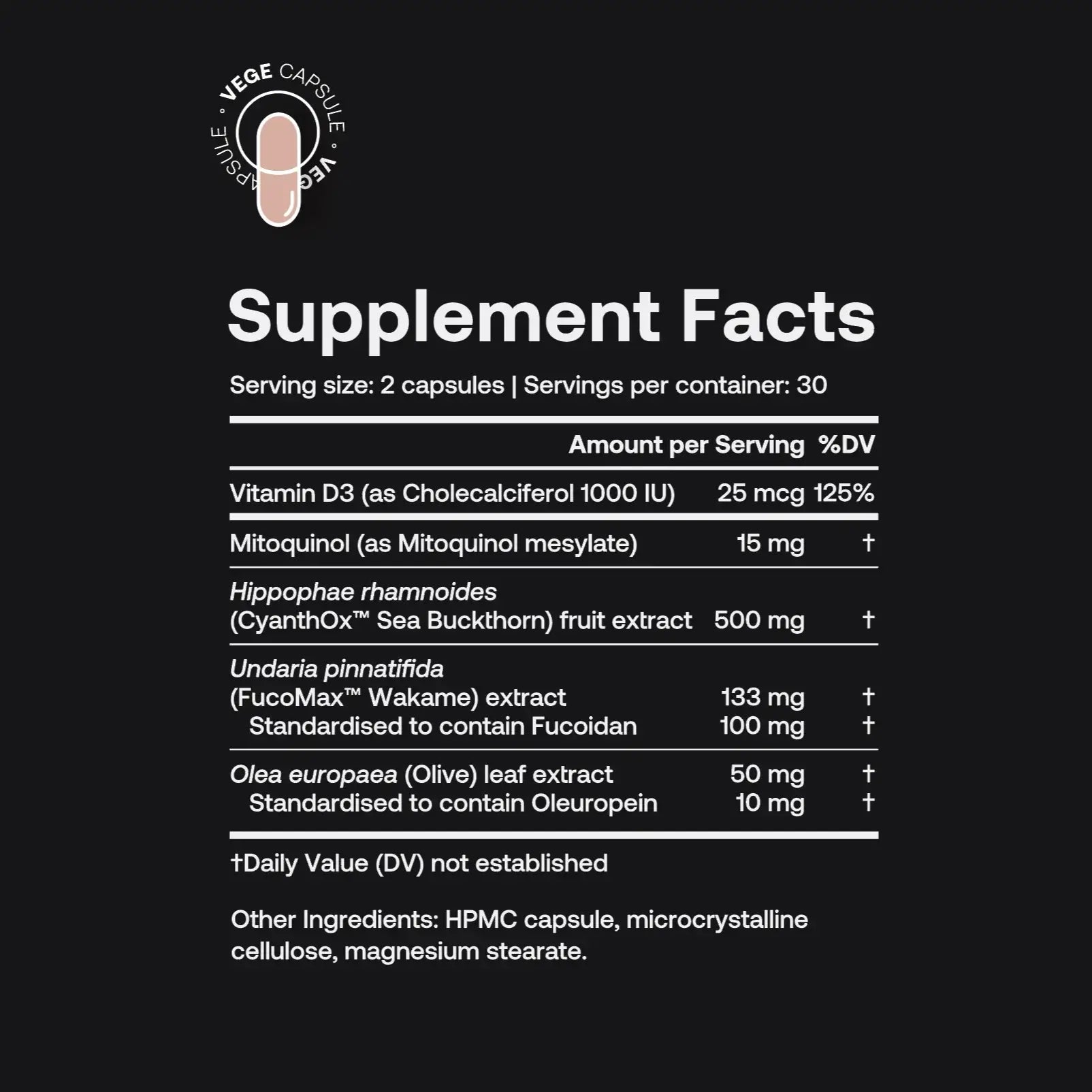 Supplement facts for SRW Laboratories STEM+ Advanced Mitochondria Formula 60 Vege Caps detailing ingredients and serving size.