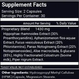 Supplement facts for Stemregen Release highlighting key ingredients and serving information.