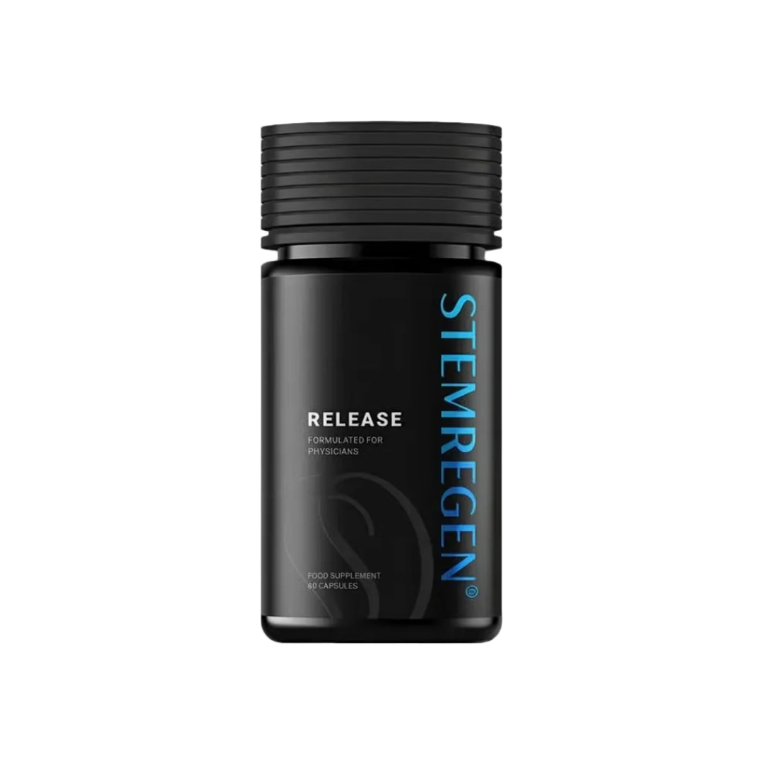 A black bottle of Stemregen Release capsules, featuring a ribbed black cap and a matte black body with blue and white text, set against a light gray background.