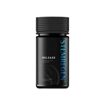 A black bottle of Stemregen Release capsules, featuring a ribbed black cap and a matte black body with blue and white text, set against a light gray background.