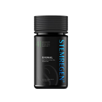 A black bottle of Stemregen Signal dietary supplement with a ribbed black cap, featuring white and blue text on a light gray background.