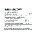 Thorne ResveraCel 60 Caps supplement facts label including ingredients for healthy ageing support.