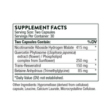 Thorne ResveraCel 60 Caps supplement facts label including ingredients for healthy ageing support.