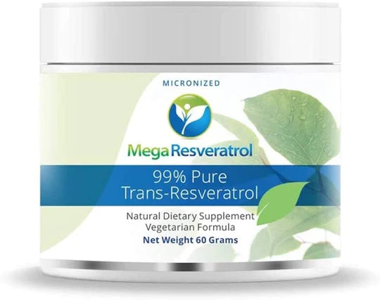 Mega Resveratrol supplement container with green leaf design on a white background