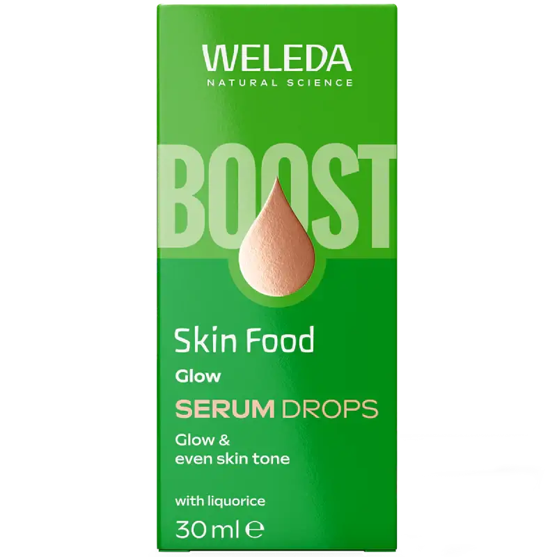 Weleda Skin Food Glow Serum Drops 30ml packaging showcasing skin-perfecting formula for a radiant complexion.