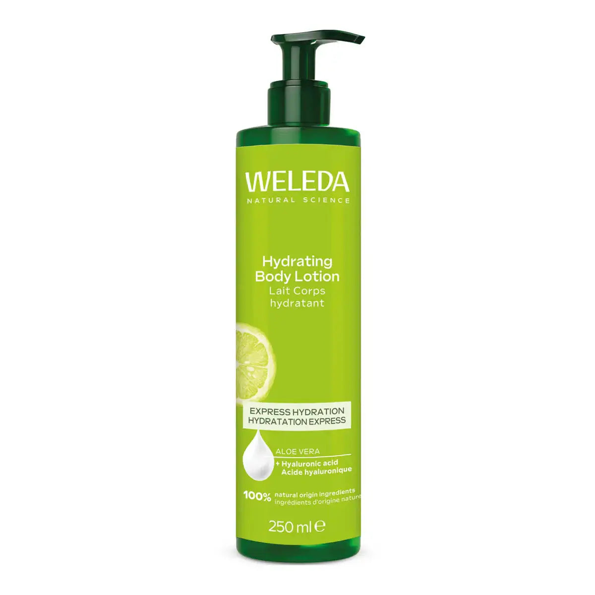 Weleda Citrus Hydrating Body Lotion 250ml bottle with pump and lemon graphic, natural hydrating skincare.