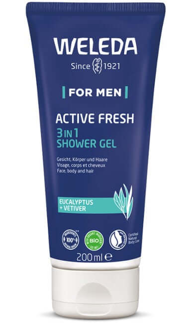 Weleda Mens Active Fresh 3in1 Shower Gel 200ml for cleansing face, body, and hair - Windback NZ