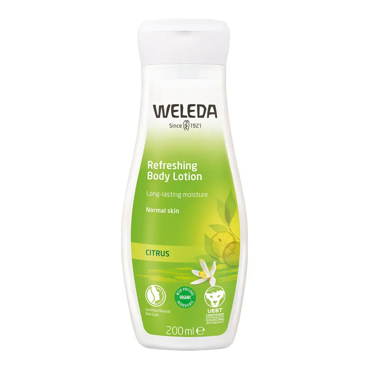 Weleda refreshing body lotion bottle on a white background