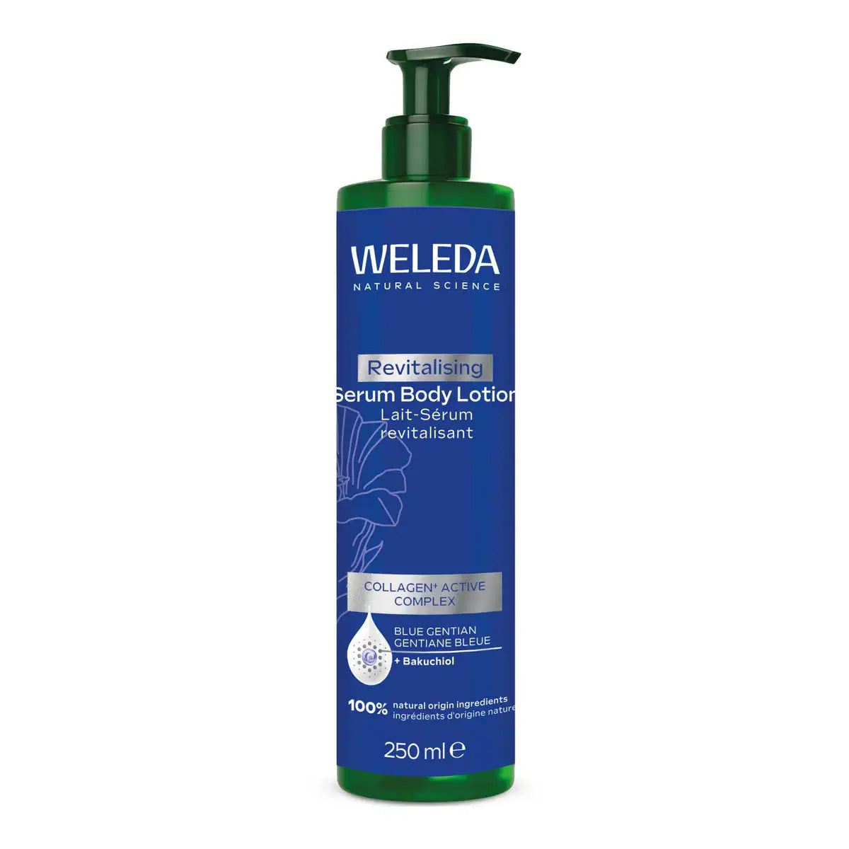 Weleda Blue Gentian Revitalising Serum Body Lotion 250ml in a pump bottle, featuring blue gentian and bakuchiol ingredients.
