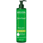 Green bottle of Weleda Skin Food Body Lotion on a white background
