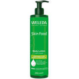 Green bottle of Weleda Skin Food Body Lotion on a white background