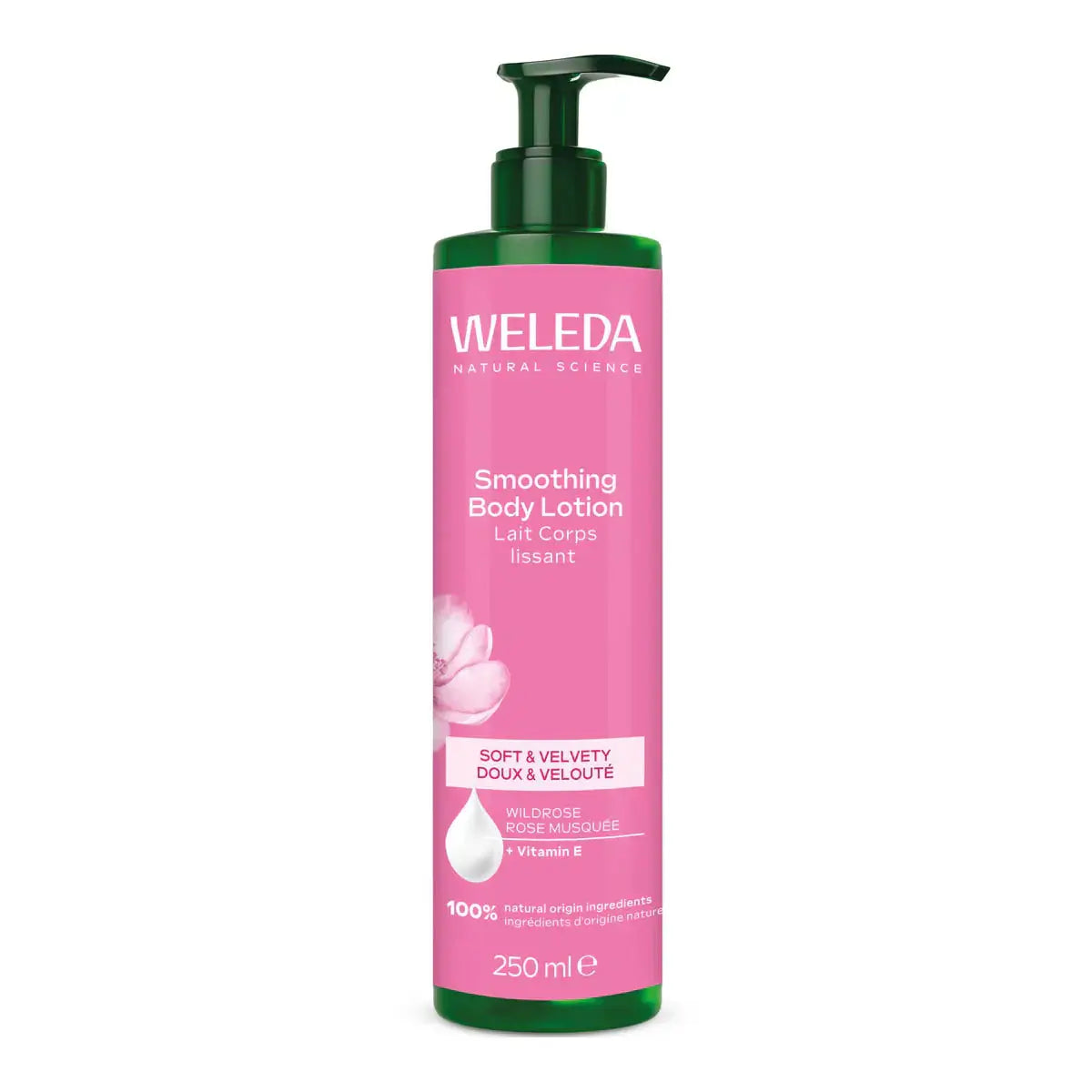 Weleda smoothing body lotion bottle on a white background