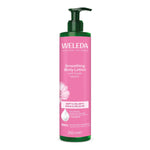 Weleda smoothing body lotion bottle on a white background