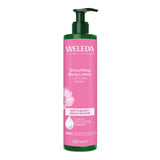 Weleda smoothing body lotion bottle on a white background